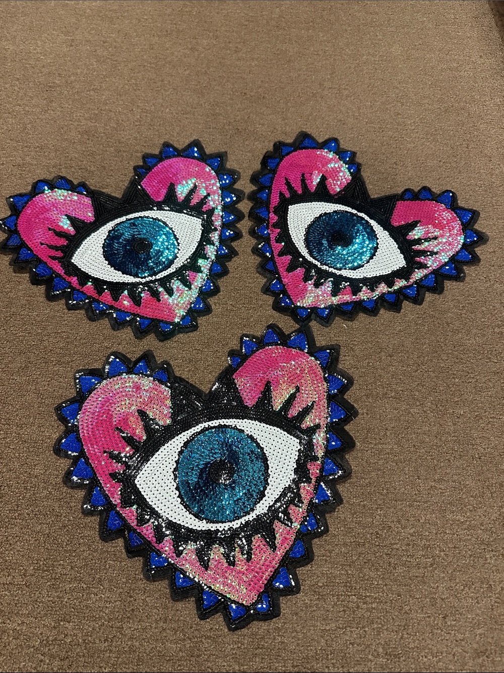 Sequin Heart Eye Patch Appliqués - Pink & Blue